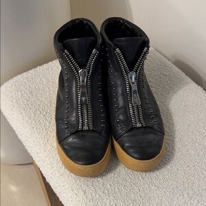 Frye Black Leather High-Top Sneakers with Tan Gum Sole